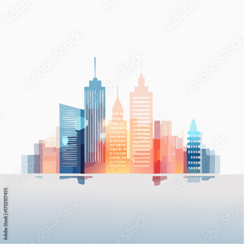 Modern city skyline, stylized cityscape, colorful buildings, urban landscape, reflection in water.