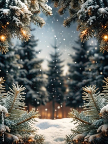 Dense evergreen coniferous trees forming a lush border with snowflakes gently falling around them