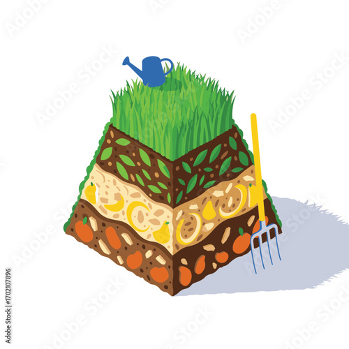 Watering can on layered garden bed with fresh grass