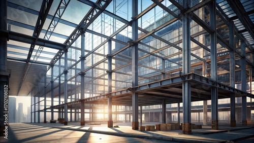 High-rise construction site with steel beams exposed