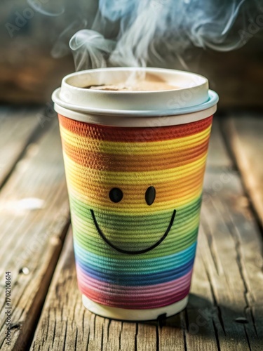 Colorful takeaway coffee cup with a bright rainbow smiley face on the sleeve