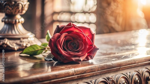 A single long-stemmed red rose resting on a ornate wooden pedestal