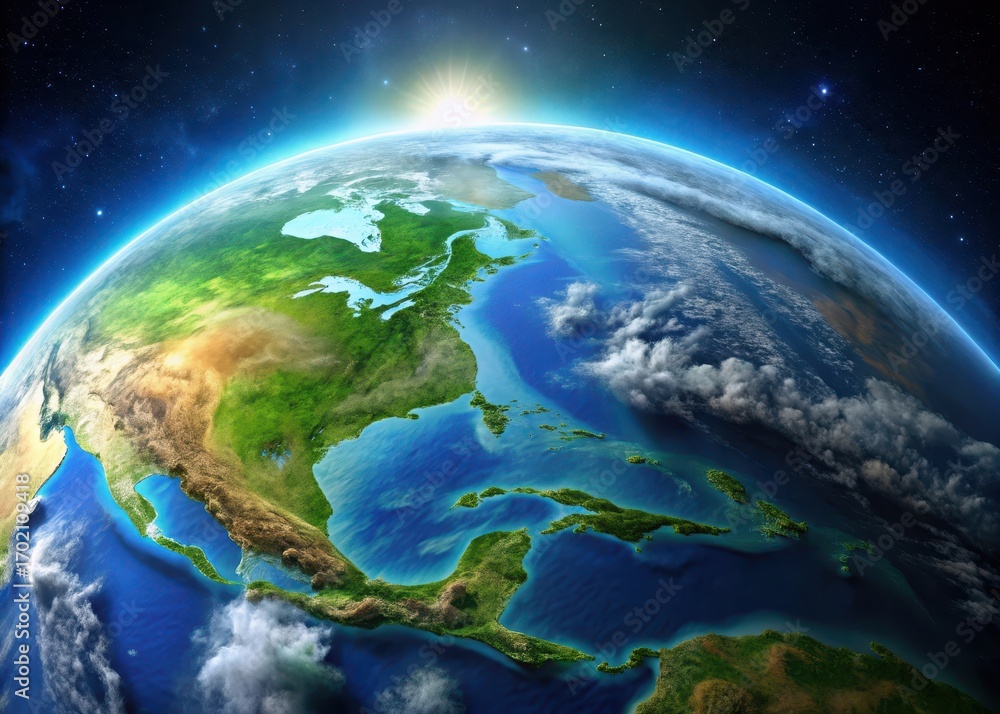 Fototapeta premium Earth from space with blue ocean and green forests