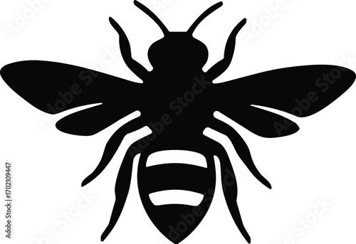 Minimal vector silhouette, bee top view symmetrical wings open, solid black