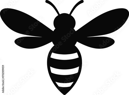 Minimal vector silhouette, bee top view symmetrical wings open, solid black