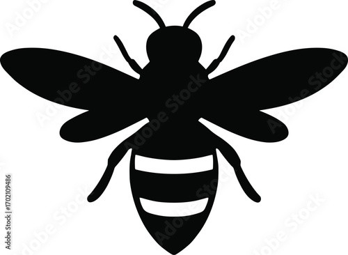 Minimal vector silhouette, bee top view symmetrical wings open, solid black