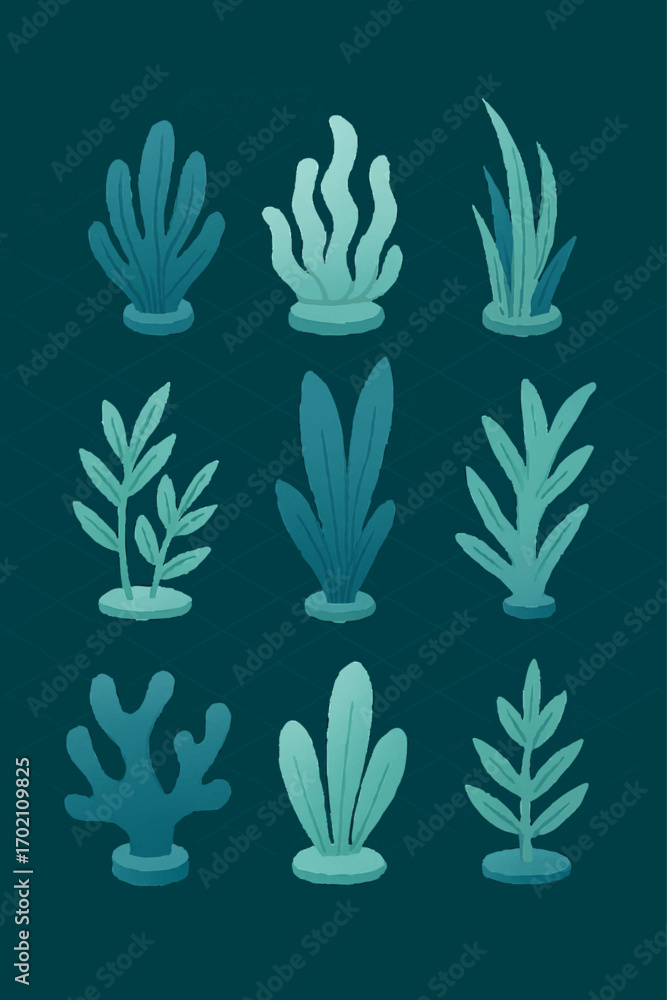 Fototapeta premium Structured Marine Flora Vector Pack – Geometric Seaweed Icons on Grid Background for Tech Interfaces and Nature-Themed Editorial Graphics