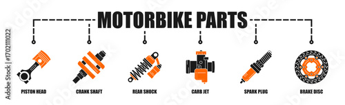 Motorcycle Spare Parts process infographic web icon vector illustration with two colors, Orange and dark grey with icon Piston Head, Crank Shaft, Carb Jet, Spark Plug, Brake Disc, Rear Shock.