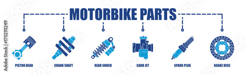 Motorbike Parts process infographic web icon vector illustration with two colors, dark blue and light blue with icon Piston Head, Crank Shaft, Carb Jet, Spark Plug, Brake Disc, Rear Shock.