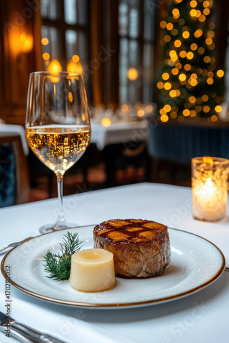 A gourmet steak dish featuring foie gras in an elegant dining setup, ideal for food photography and luxury dining themes.