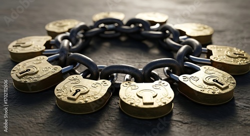 Brass Padlocks Linked in a Circular Chain.