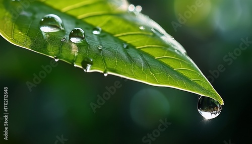 a single vibrant green leaf with a droplet of dew representing the essence of nature s purity and the cycle of life