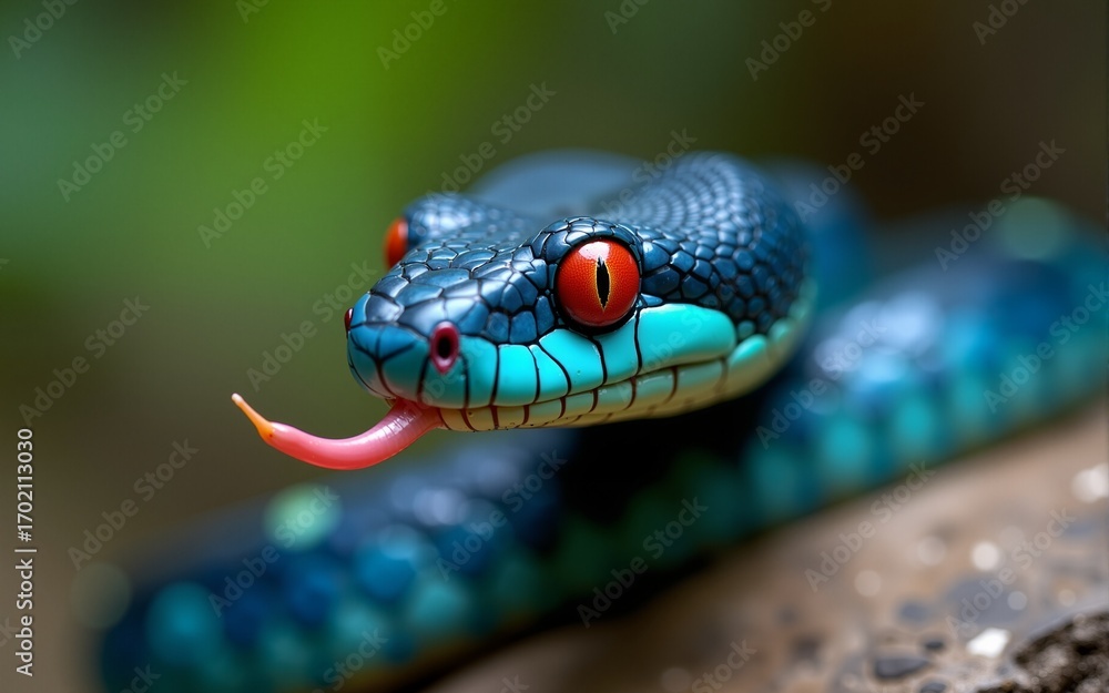 Fototapeta premium Observing Blue Pit Viper Snake with Red Eyes and Protruding Tongue. High quality