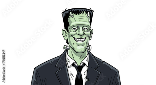 A cheerful and slightly goofy depiction of the iconic Frankenstein's monster dressed in a sharp black suit and tie