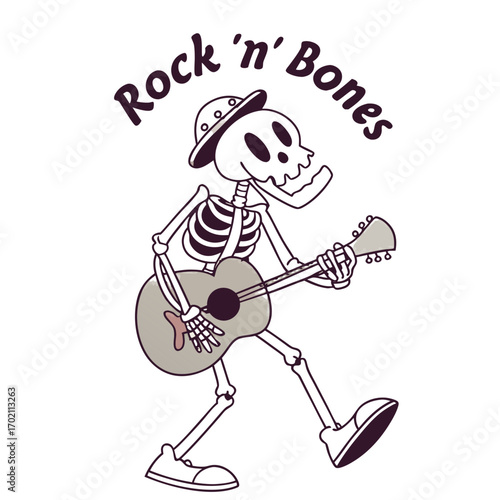 Halloween Skeleton Playing Guitar Vector Illustration – Rock ’n’ Bones Cartoon Character with Hat, Spooky Music Band Art, Funny Rock Skeleton Clipart for Party and Holiday Design