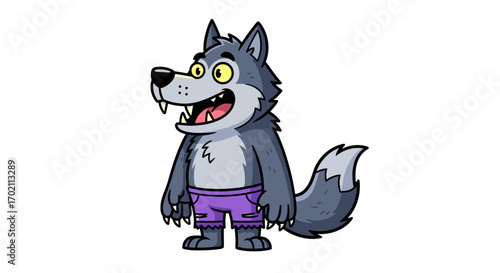 A Cartoon Wolf with Big Eyes and a Wide Grinning Mouth Wearing Purple Shorts Standing Against a Black Background