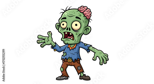 A Grotesque Cartoon Zombie Character Illustration with Exposed Brain and Tattered Clothing Standing in a Spooky Pose