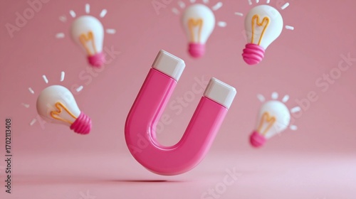 Pink horseshoe magnet attracting light bulb ideas on pink background