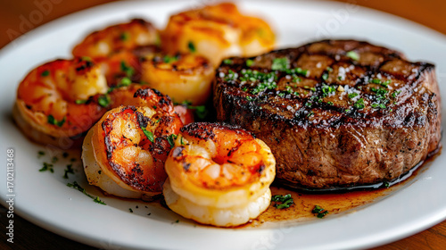 Delicious surf and turf featuring steak and grilled shrimp, enhanced for high fidelity visuals.
