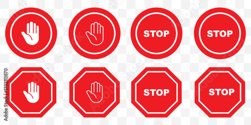 Red stop sign. White text and hand symbol on red traffic sign. Vector illustration.