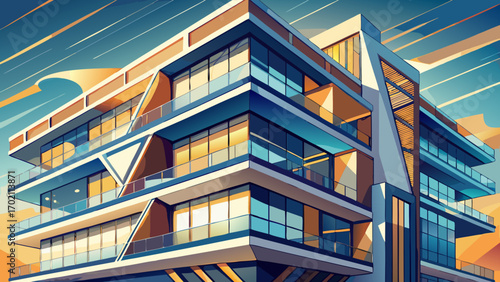 Sleek fragment of a luxury apartment building, with angular balconies, floor-to-ceiling windows, and metallic details, reflecting sunlight beautifully, symbolizing innovation, minimalism, and high-cla