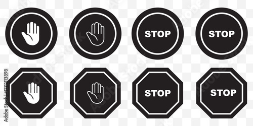 Red stop sign. White text and hand symbol on red traffic sign. Vector illustration.