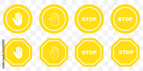 Red stop sign. White text and hand symbol on red traffic sign. Vector illustration.