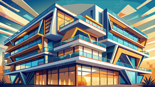 Sleek fragment of a luxury apartment building, with angular balconies, floor-to-ceiling windows, and metallic details, reflecting sunlight beautifully, symbolizing innovation, minimalism, and high-cla