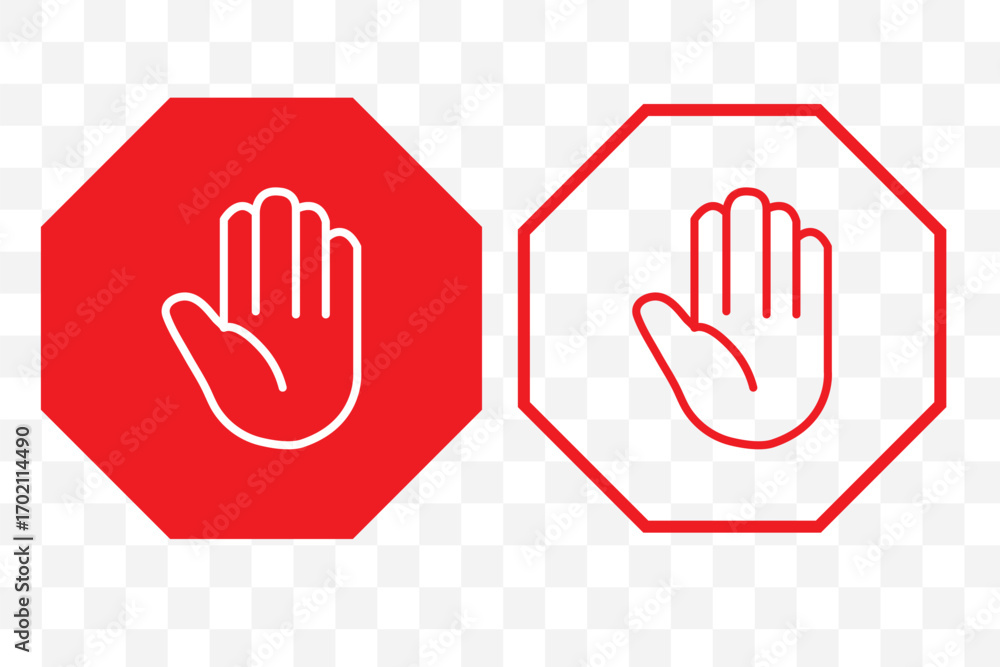 Obraz premium Stop, do not cross, ban, forbidden and alert icon set road safety sign board symbols in red and white color. Stop sign red color isolated. Vector stop hand sign vector illustration.