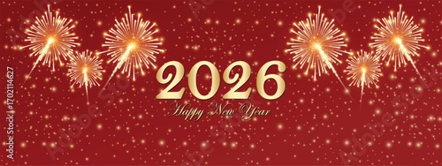 Happy New Year 2026 greetings flyer with Fireworks dim light effect, golden gradient text, New year promotion or invitation template, decorative flyer for new year celebration, vector art illustration