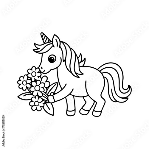 Unicorn Picking Flowers Coloring Page