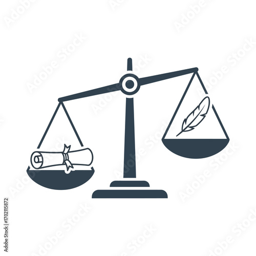 Conceptual icon of a balance scale where a writer's quill pen outweighs a legal scroll, symbolizing the power of literature and authorship
