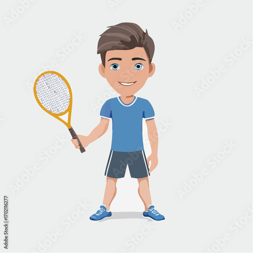 Joueur de tennis souriant, raquette à la main, tenue de sport bleue, fond clair uni, type européen