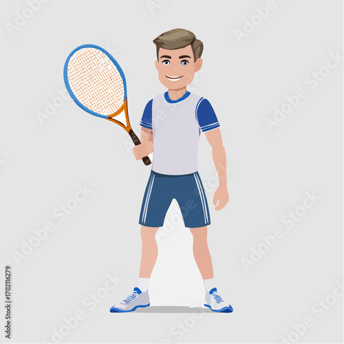 Joueur de tennis souriant, raquette à la main, tenue de sport bleue, fond clair uni, type européen
