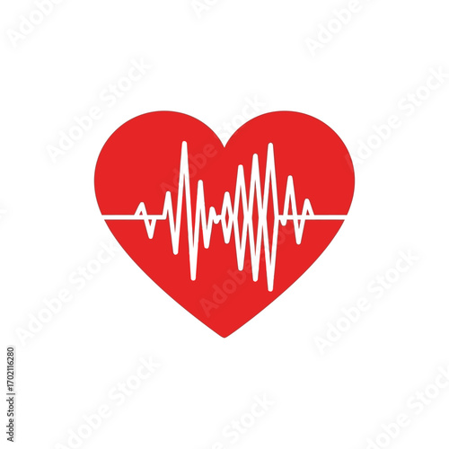 Graphic illustration of a red heart with an electrocardiogram wave, symbolizing cardiology, health, and vital pulse signs