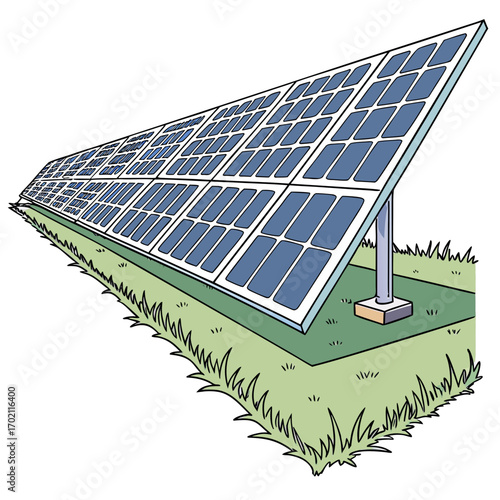 A long row of blue solar panels angled towards the sky on a green grassy field