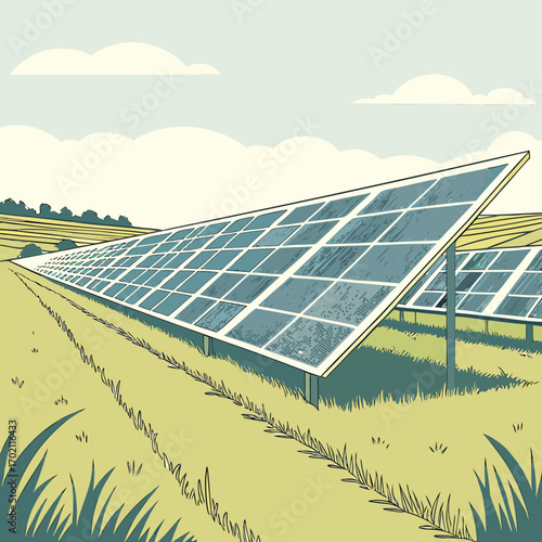 Vast solar panel array stretching across a green field under a cloudy sky