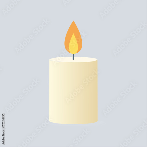 Jolie bougie blanche allumée, simple, flamme, fond clair uni 