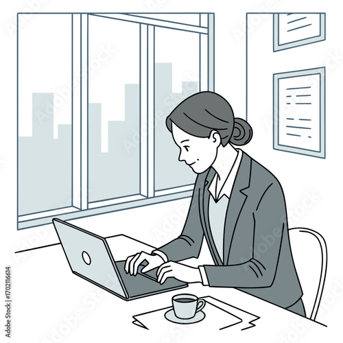 Young professional woman in a suit works on her laptop at a desk with a coffee cup and city view