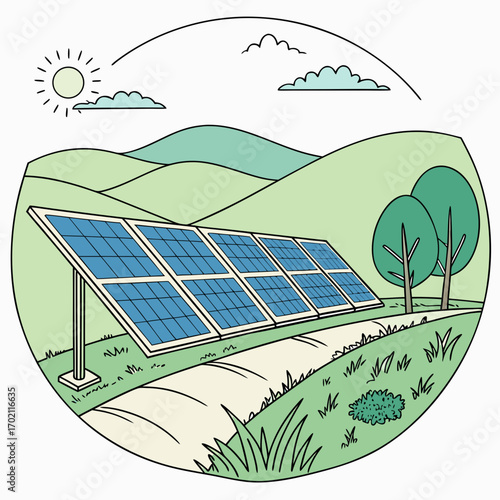 Clean energy solar panels on a grassy hillside under a sunny sky with clouds and trees