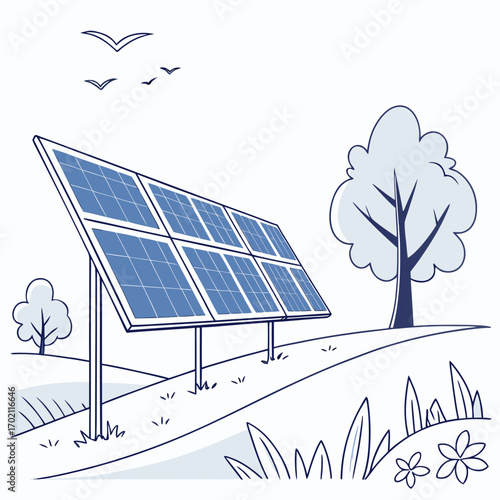 Clean energy solar panels on a grassy hill with trees and birds flying in the sky
