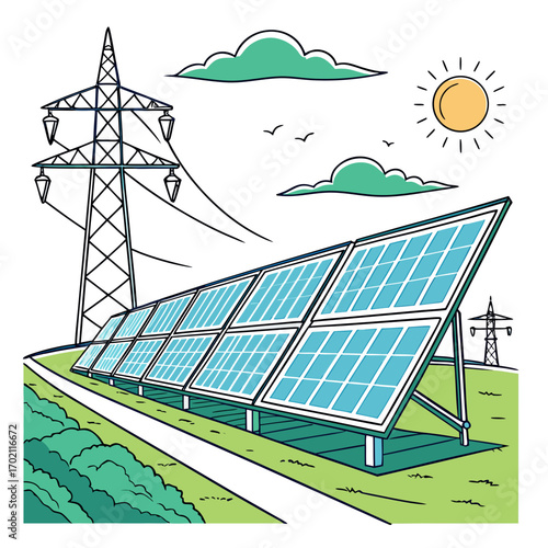 Modern solar panel farm generating clean energy under a bright sunny sky with clouds and birds