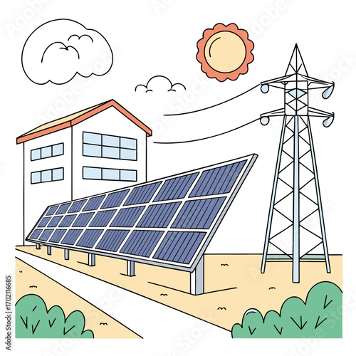Modern house with solar panels and power lines connected to a transmission tower under a sunny sky
