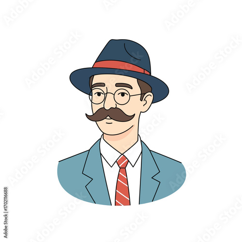Vintage-style bust portrait of a distinguished gentleman wearing a classic fedora hat, glasses, and a prominent mustache