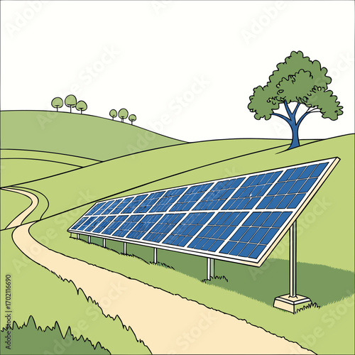 Solar panels installed on a grassy hillside next to a winding dirt path under a clear sky