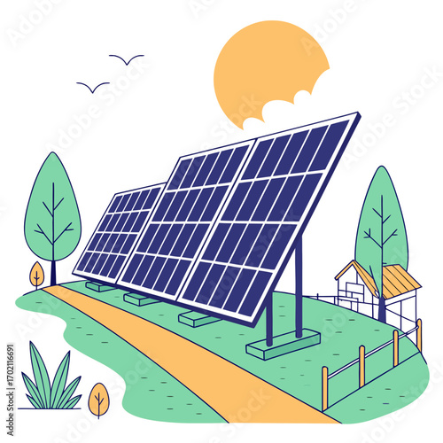 Modern solar panels installed in a green field with a small house and sunny sky