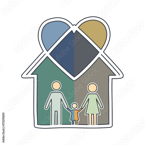 A loving family concept depicted by figures inside a house icon with a heart, symbolizing home, safety, and togetherness