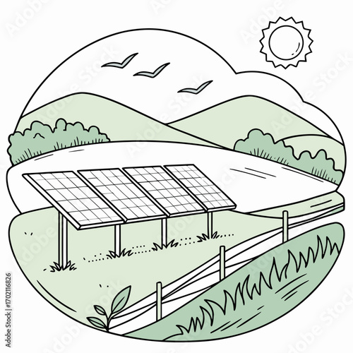 Solar panels in a green landscape with rolling hills birds and a bright sun above