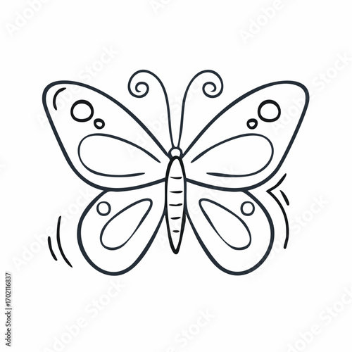 Joli papillon dessiné au trait noir, fond blanc