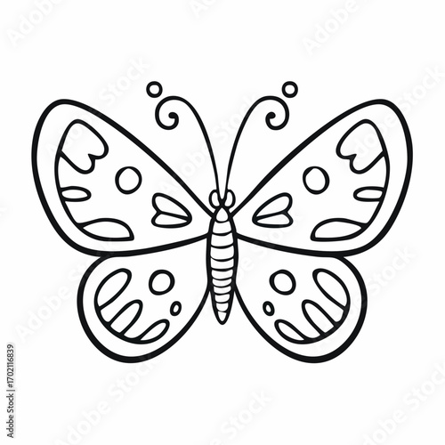 Joli papillon dessiné au trait noir, fond blanc